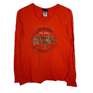 Harley Davidson Graphic Biker Scoop Neck Long Sleeve T-Shirt Orange XL
